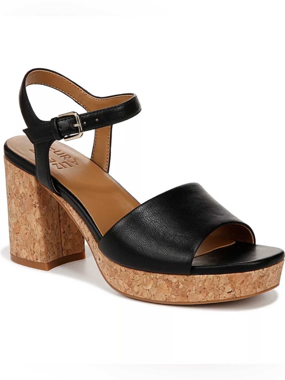 NATURALIZER $110 Women Black Lilly Cork Block Heel Platform Sandals Ankle Strap